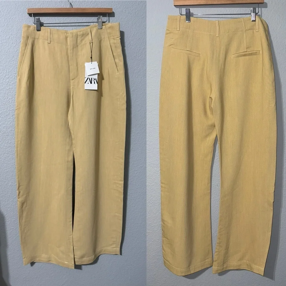 Zara Women Yellow Mid Rise Wide Leg Blend Limited Edition Formal‎ Pants Sz M